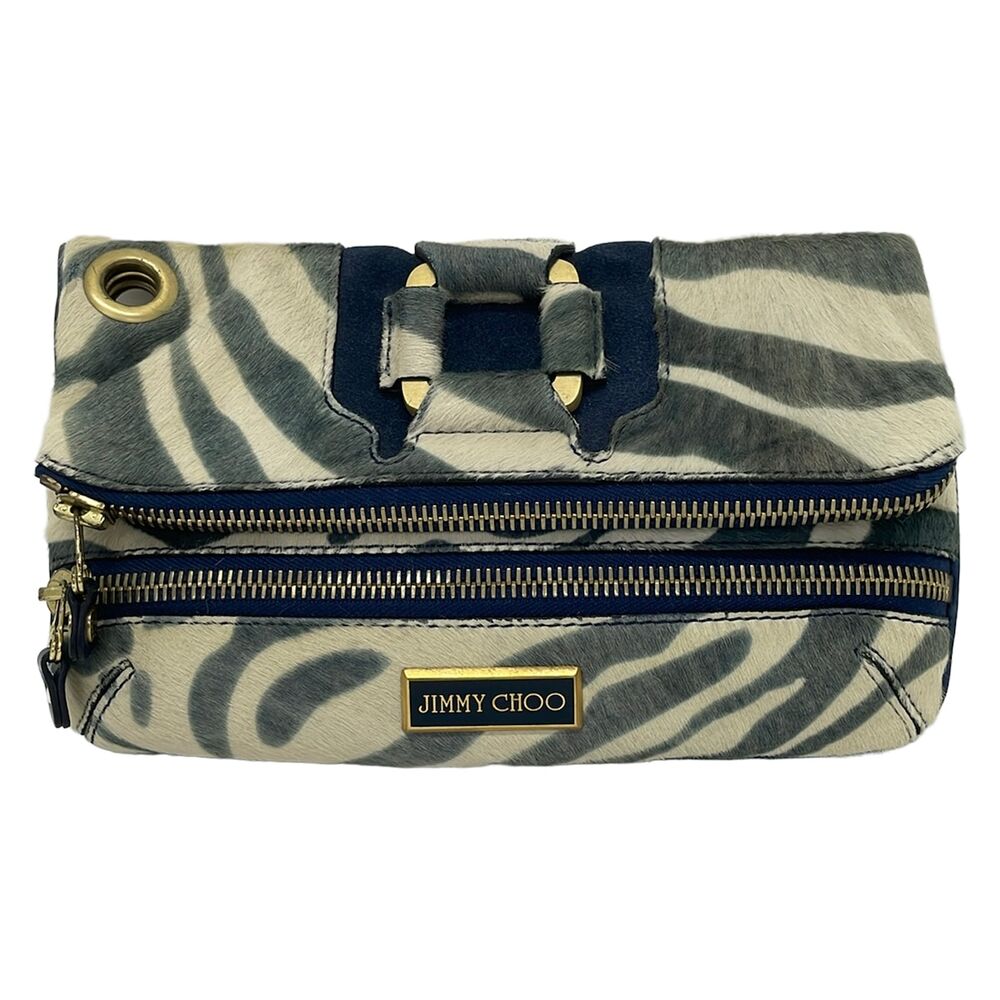 Jimmy Choo Clutch Bag Cream Navy Unborn Calf Suede